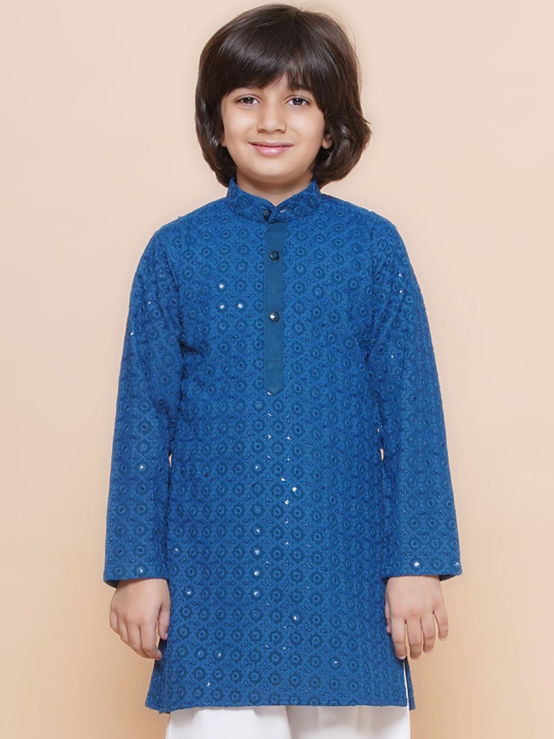

Aj DEZInES Boys Floral Embroidered Band Collar Sequins Straight Kurta, Blue