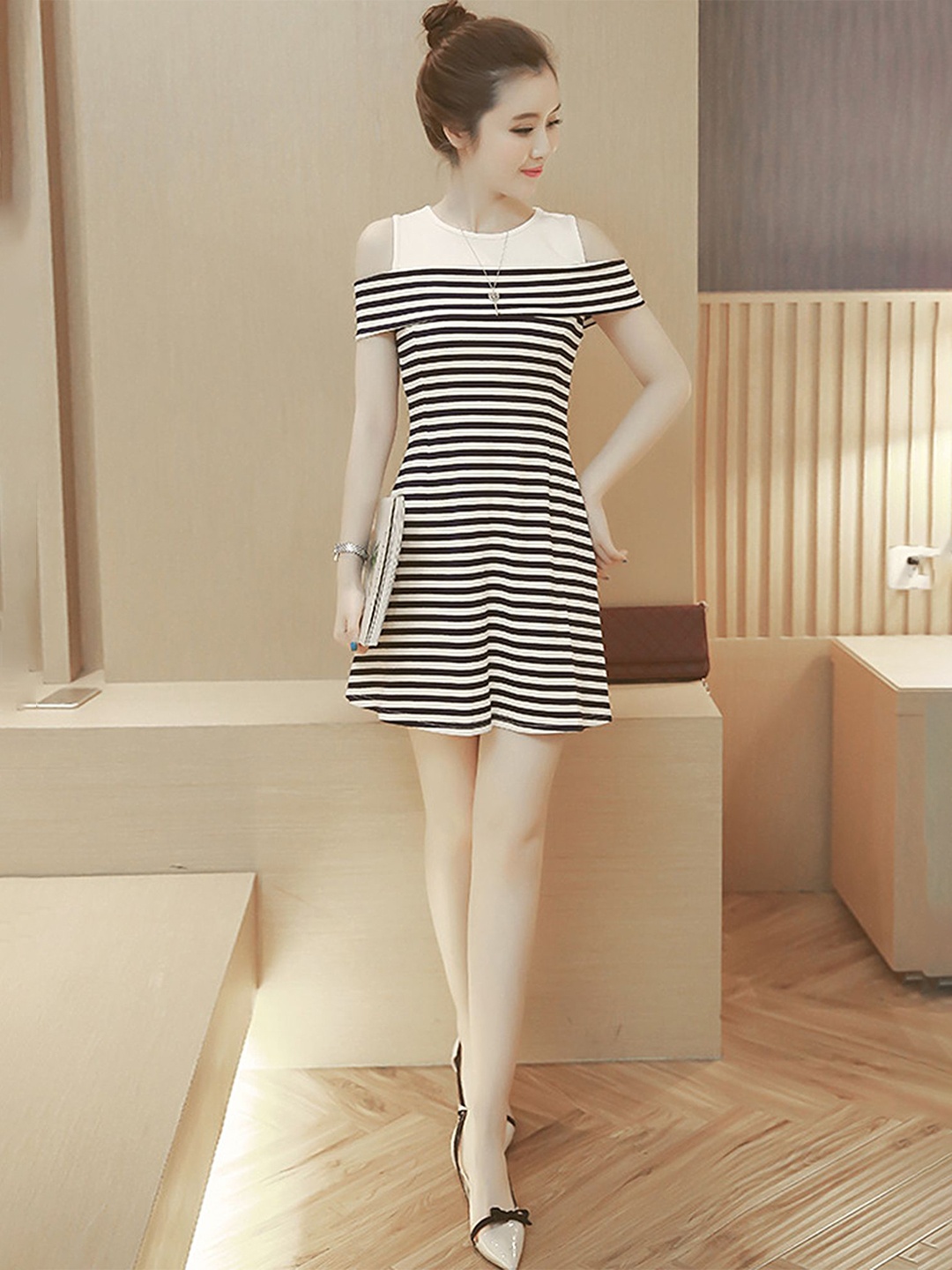 

LULU & SKY Women Striped Cold-Shoulder Sleeves A-Line Dress, Multi