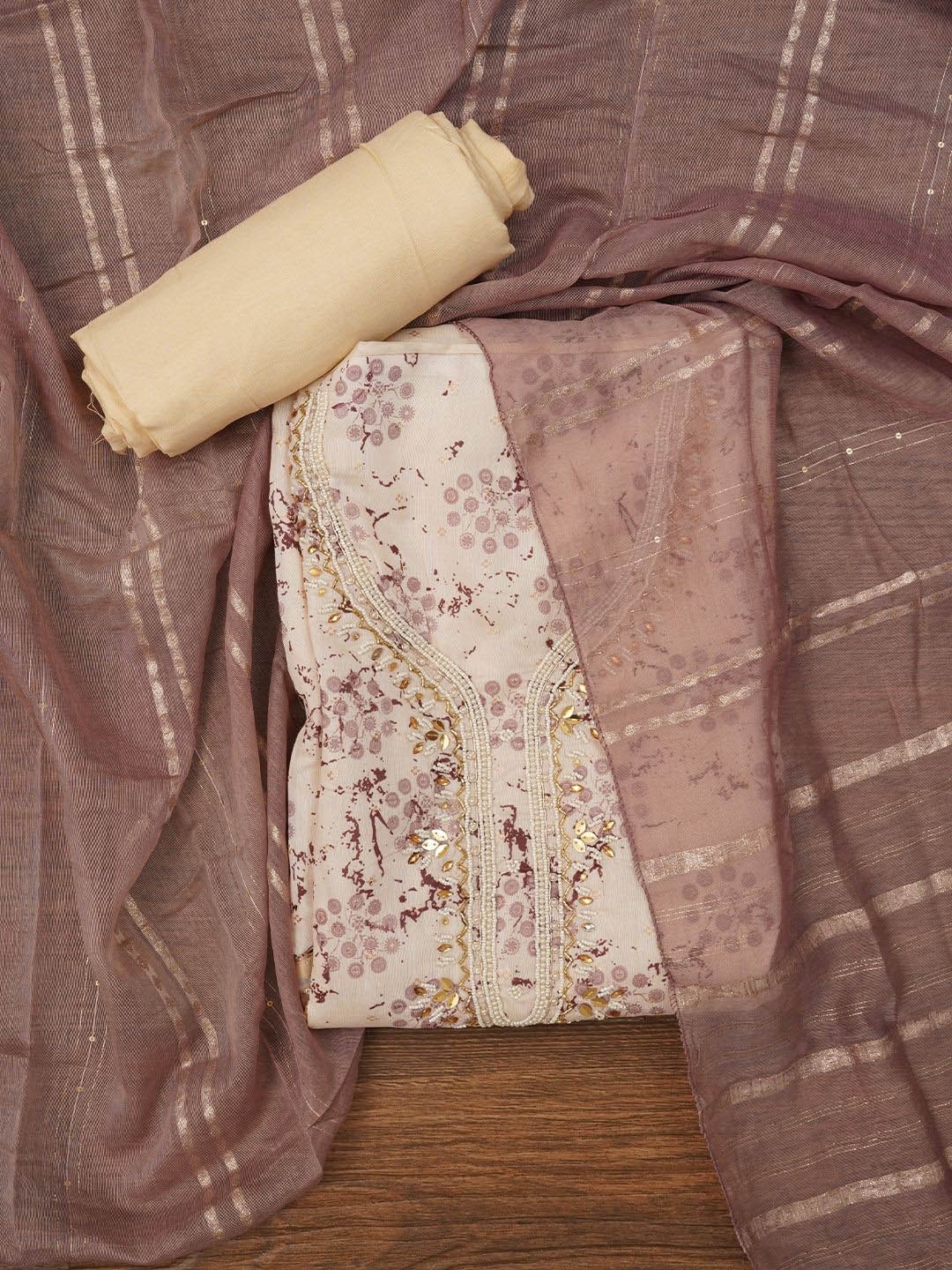 

Jaipur Kurti Unstitched Embellished Cotton Blend Dress Material with Dupatta, Cream