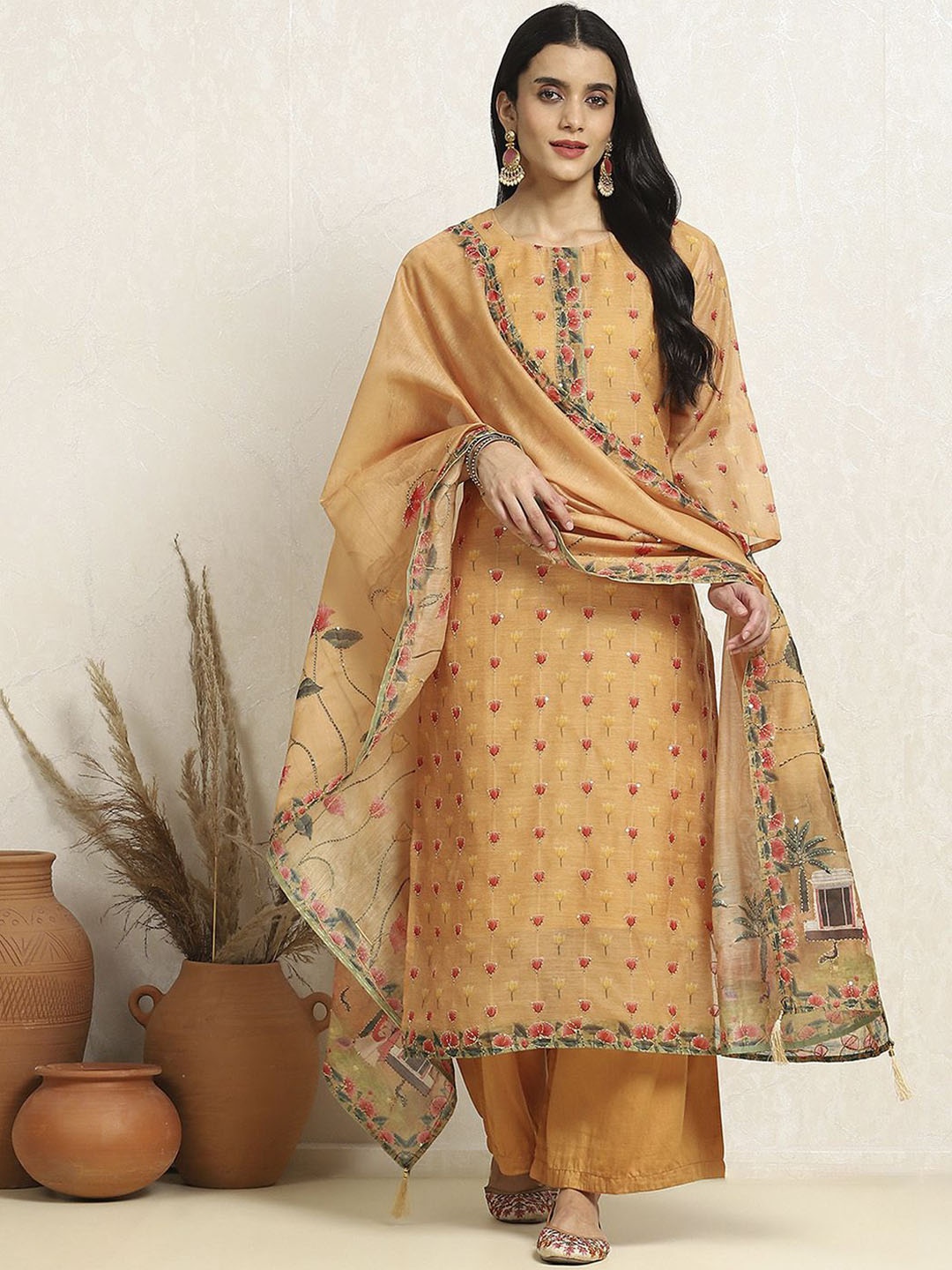 

Biba Floral Printed Sequinned Unstitched Dress Material, Yellow