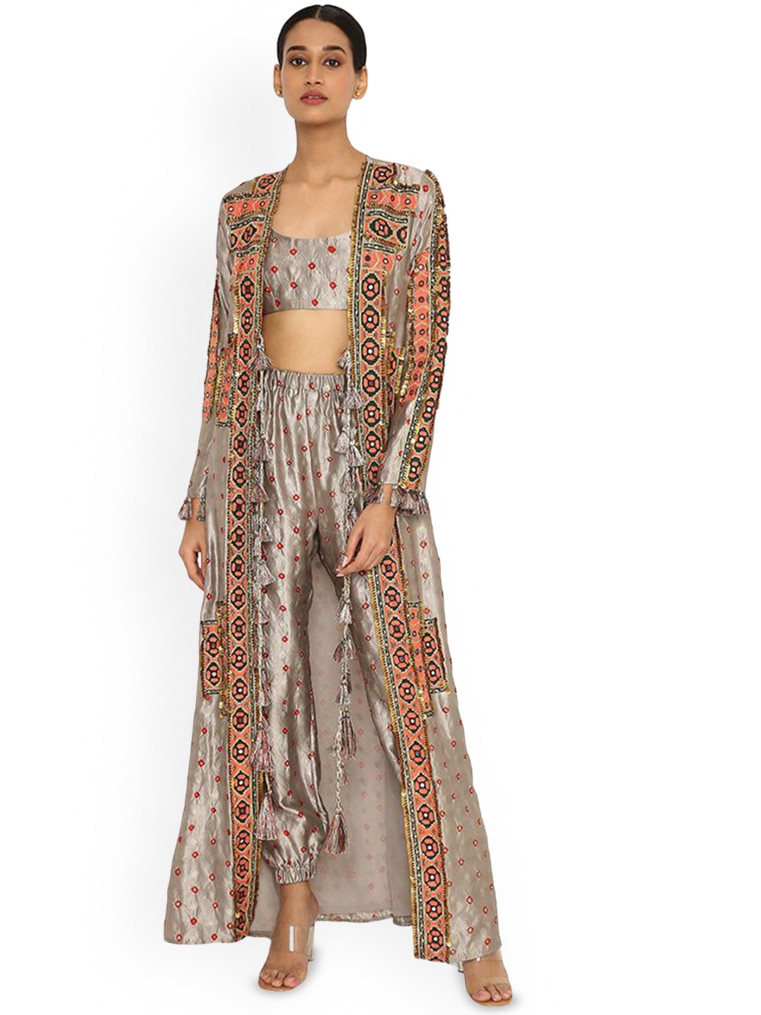 

Payal Singhal Bandhani Silk Embroidered Jacket With Bustier & Jogger Pants Co-Ords, Grey