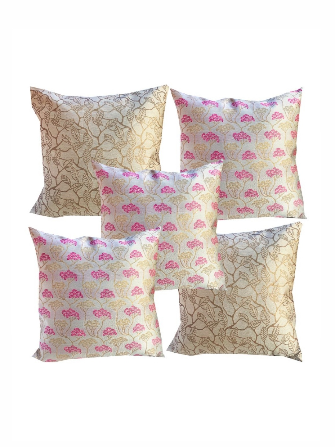

Pink Parrot White & Pink 5 Pieces Floral Jacquard Silk Square Cushion Covers