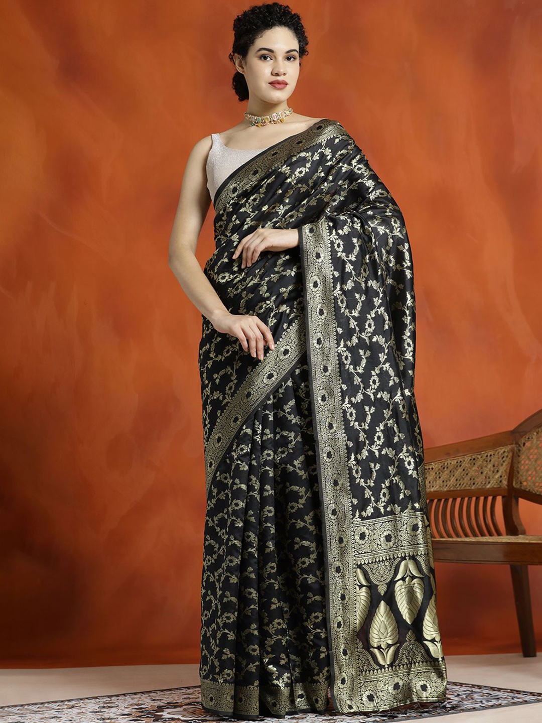 

Jaipur Kurti Silk Blend Zari Woven Design Banarasi Saree, Black