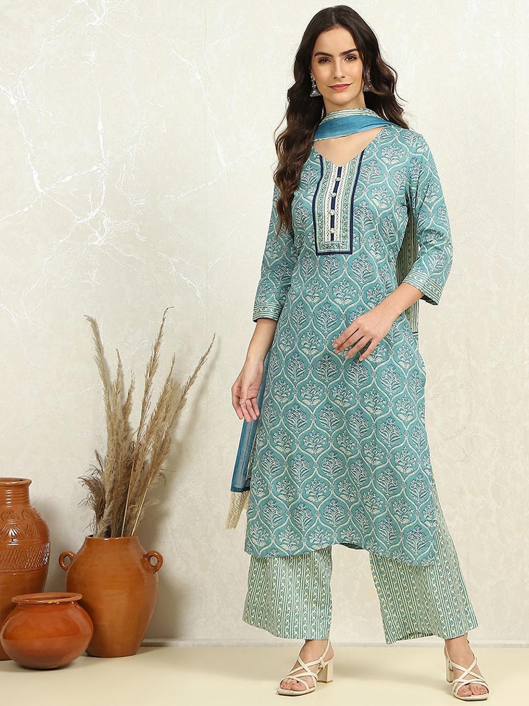 

Biba Printed Pure Cotton Unstitched Dress Material, Blue