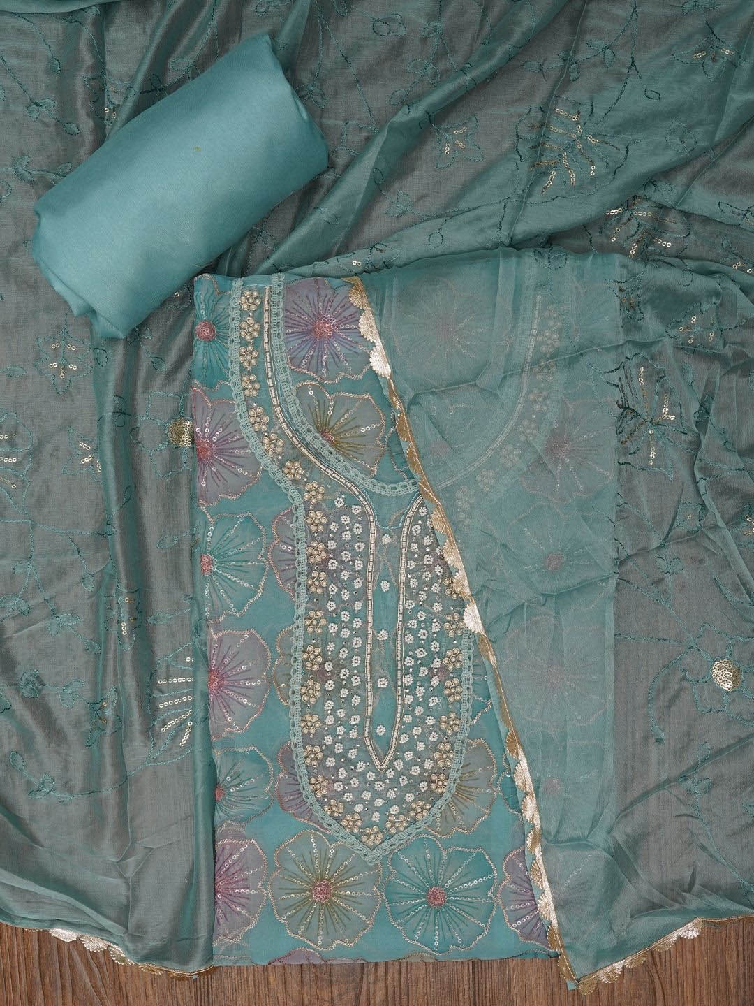 

Jaipur Kurti Floral Sequin Embroidered Organza Dress Material with Dupatta, Blue