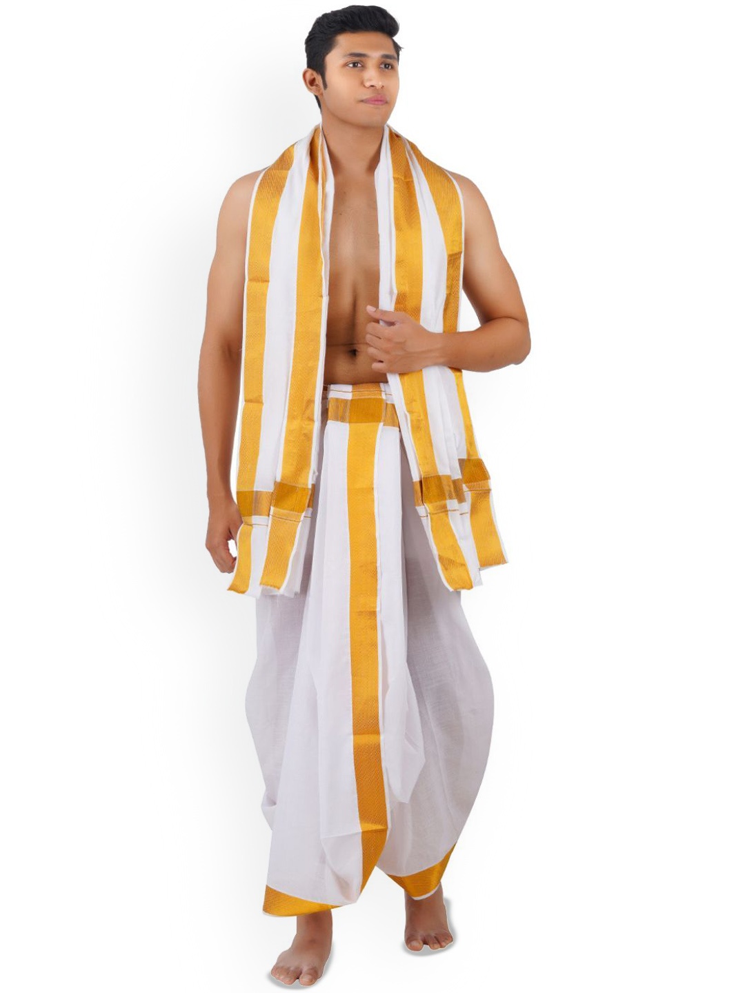 

Ethazh Mens Cotton Dyed Dhoti Angavasthram With Jarigai Border, White