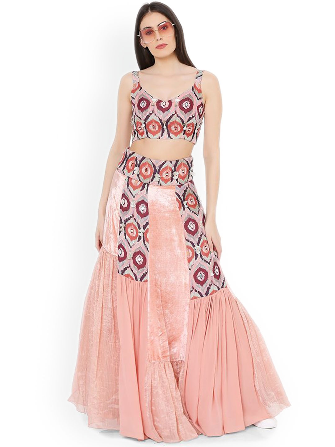 

Payal Singhal Printed Sleeveless Top With Stripe Panelled Skirt Co-Ords, Peach