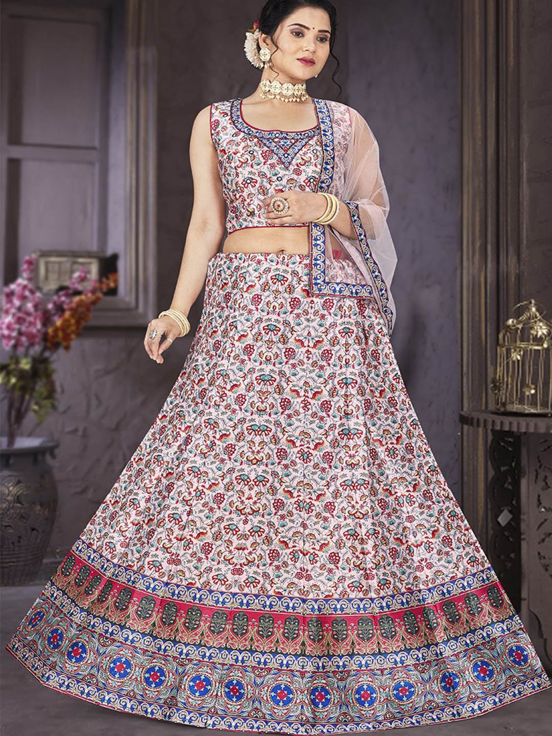 

Krimmple Printed Beads and Stones Ready to Wear Lehenga & Blouse With Dupatta, Pink