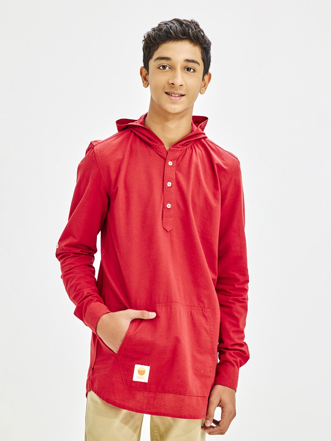 

NO MONDAYS Boys Relaxed Hood Solid Cotton Casual Shirt, Red