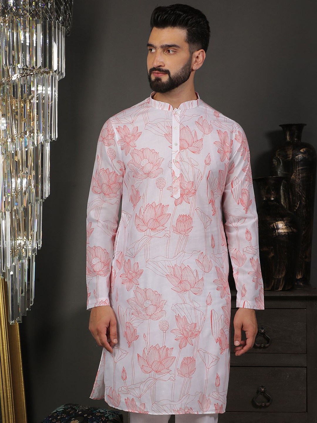 

DEYANN Ethnic Motifs Printed Mandarin Collar Cotton Straight Kurta, Orange
