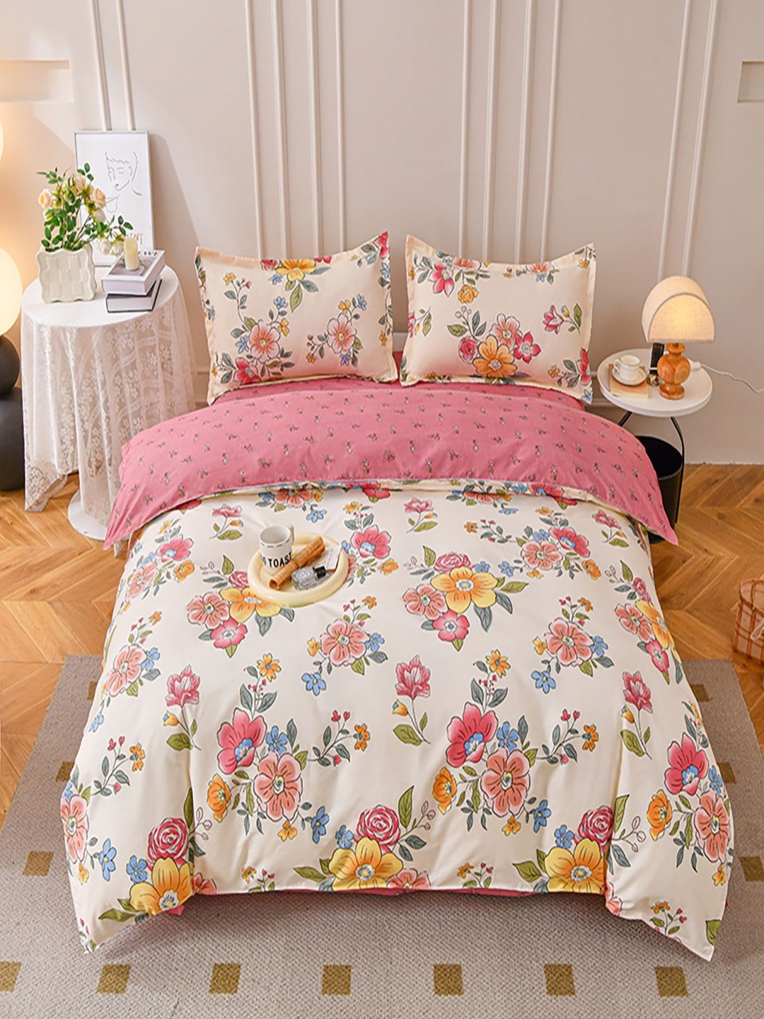 

JC HOME Pink & White Floral Polycotton 4 Piece Double Extra Large Regular Bedding Set