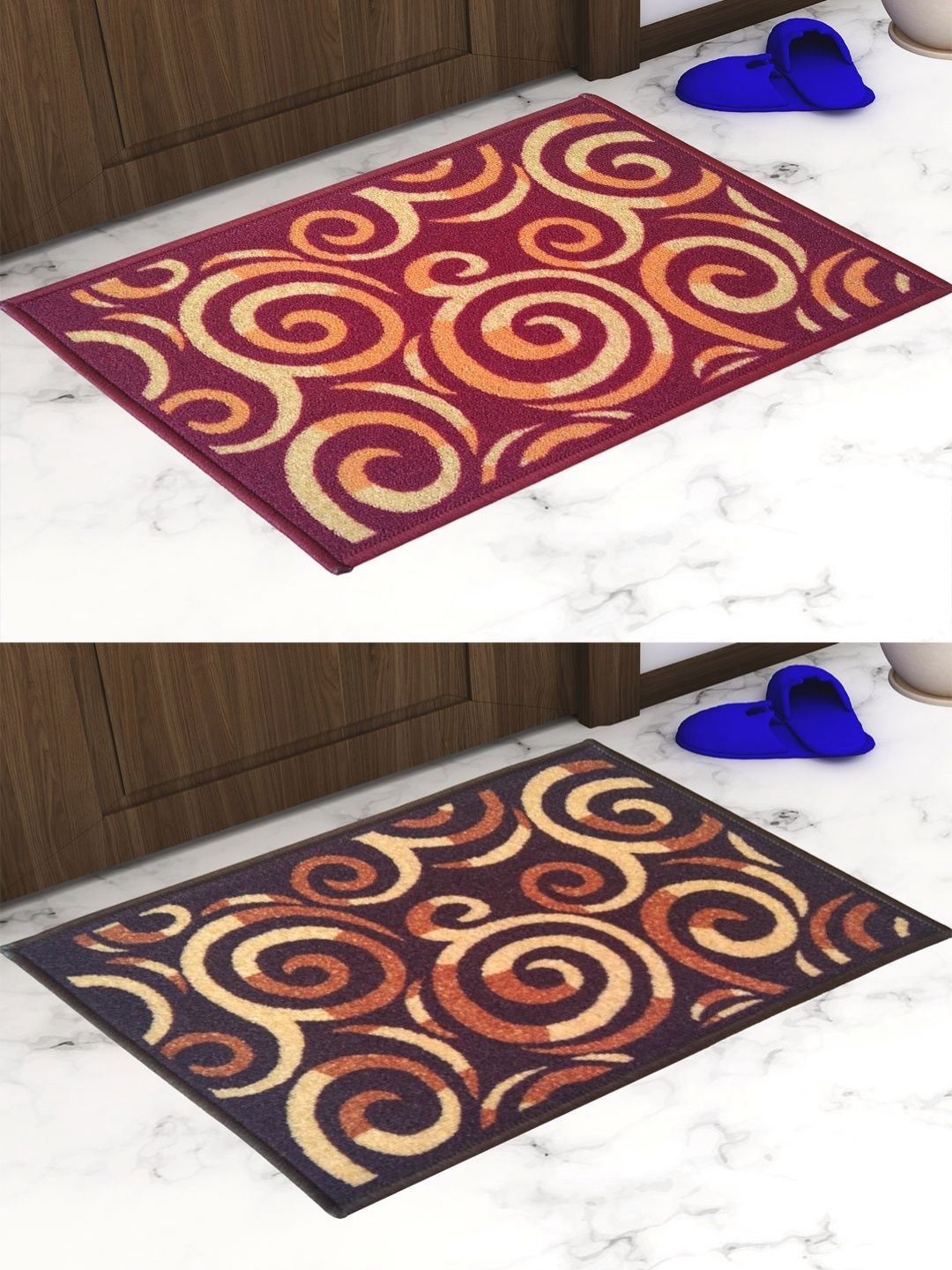 

Aura 2Pcs Orange Colored & Maroon Printed Anti Slip Doormats
