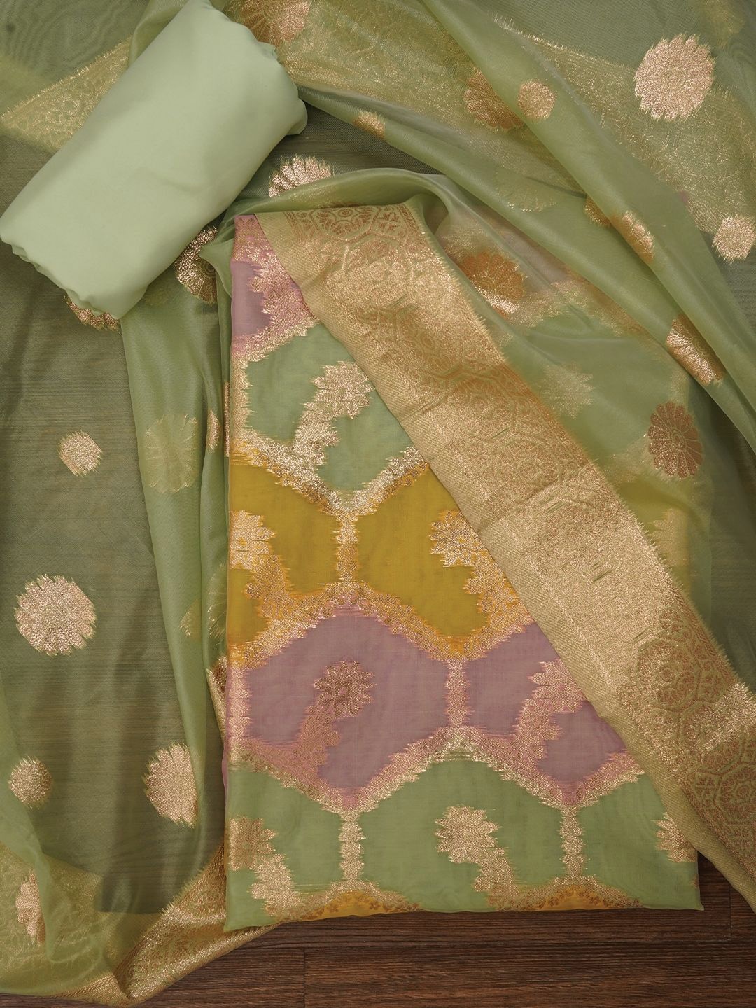 

Jaipur Kurti Unstitched Zari Woven Organza Dress Material With Dupatta, Green
