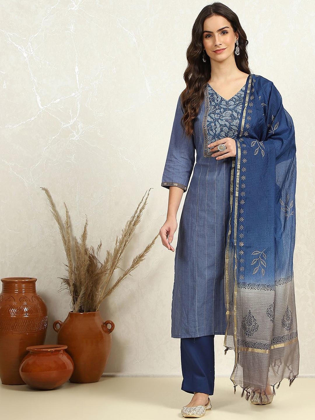 

Biba Floral Embroidered Mirror Work Unstitched Dress Material, Blue