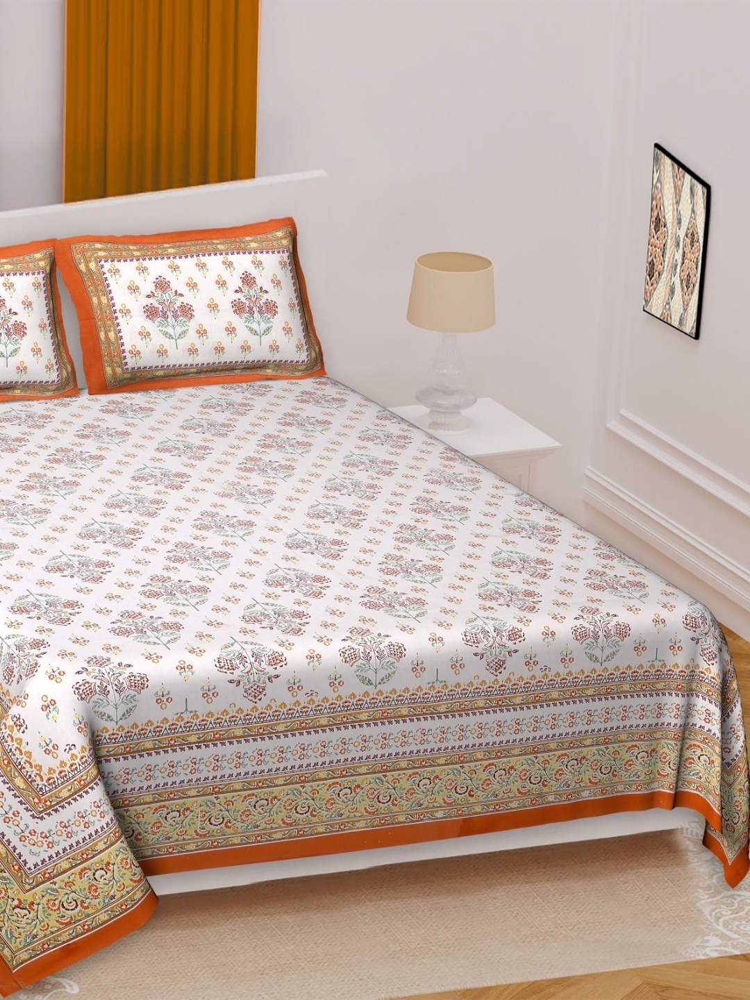 

Texstylers Orange & White Floral Printed Cotton 144 TC Queen Bedsheet with 2 Pillow Covers