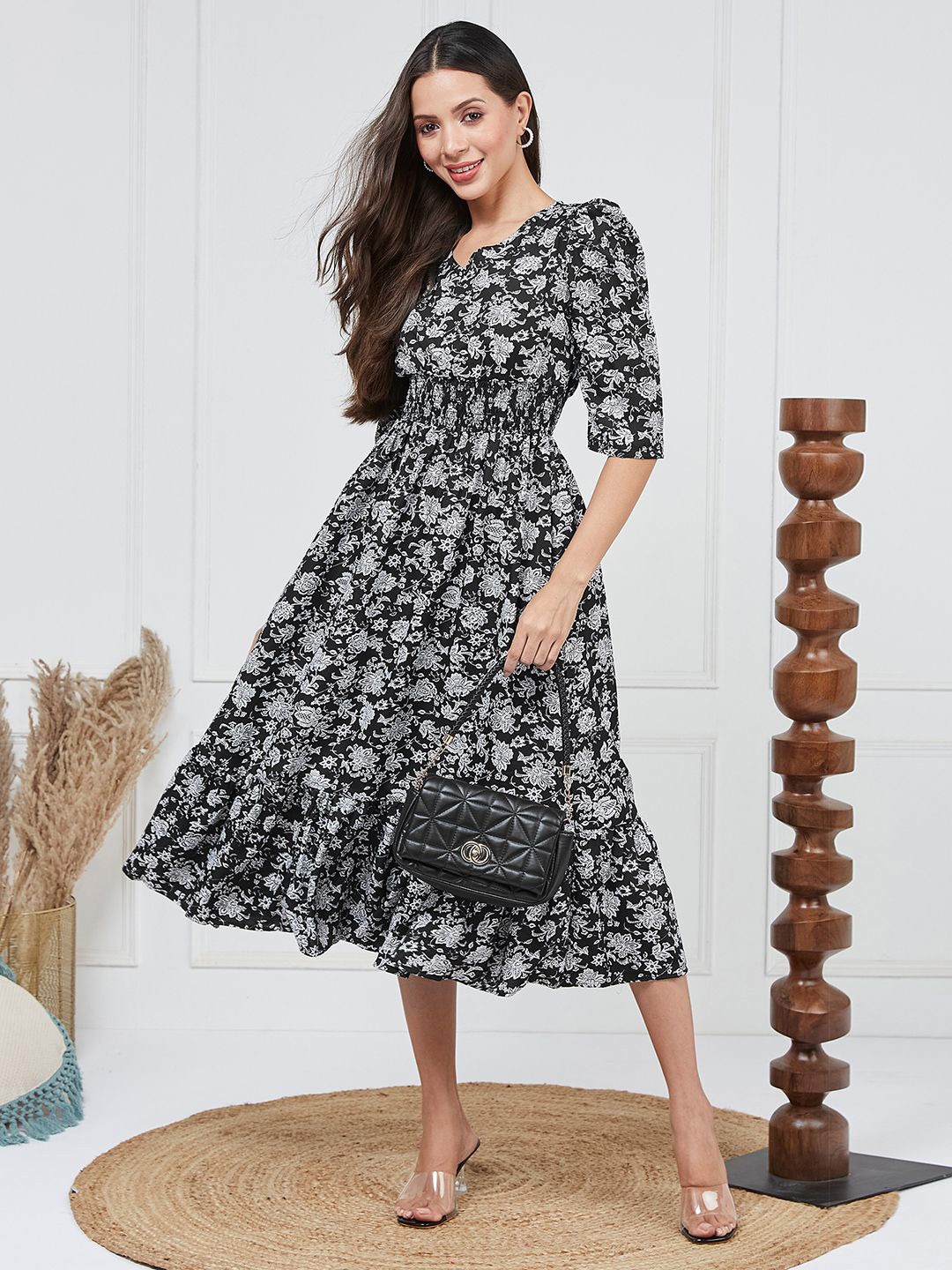 

Selvia Floral Print Puff Sleeve Crepe Fit & Flare Midi Dress, Black