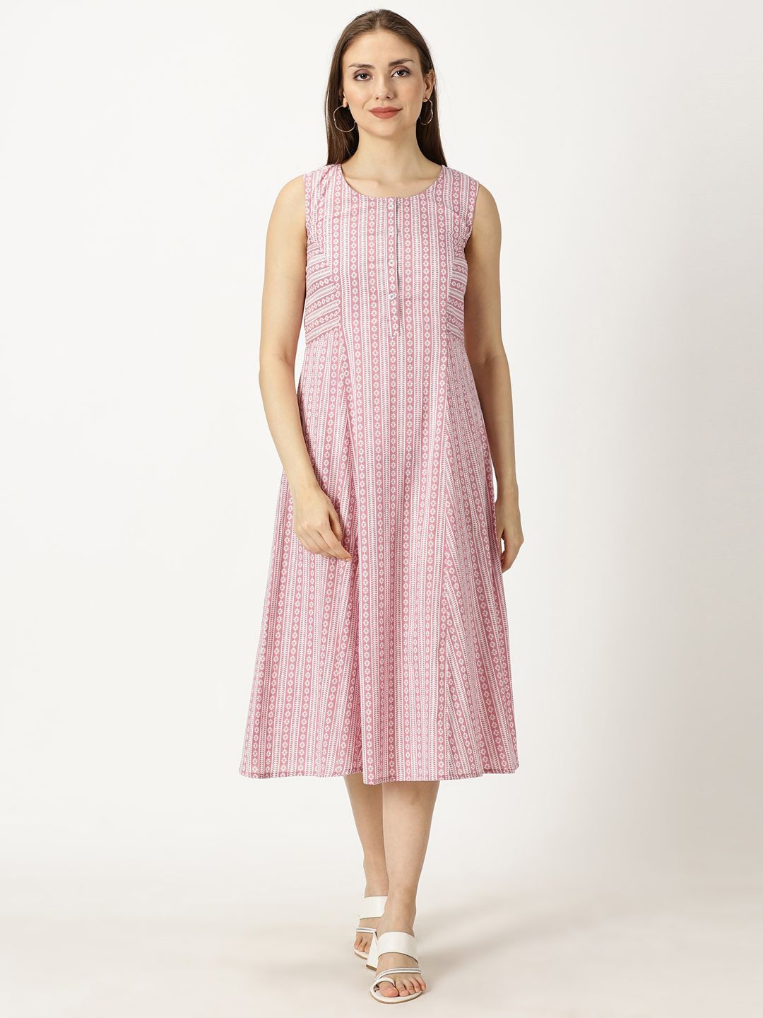 

Saffron Threads Panelled Printed Cotton A-line Midi Dress, Pink