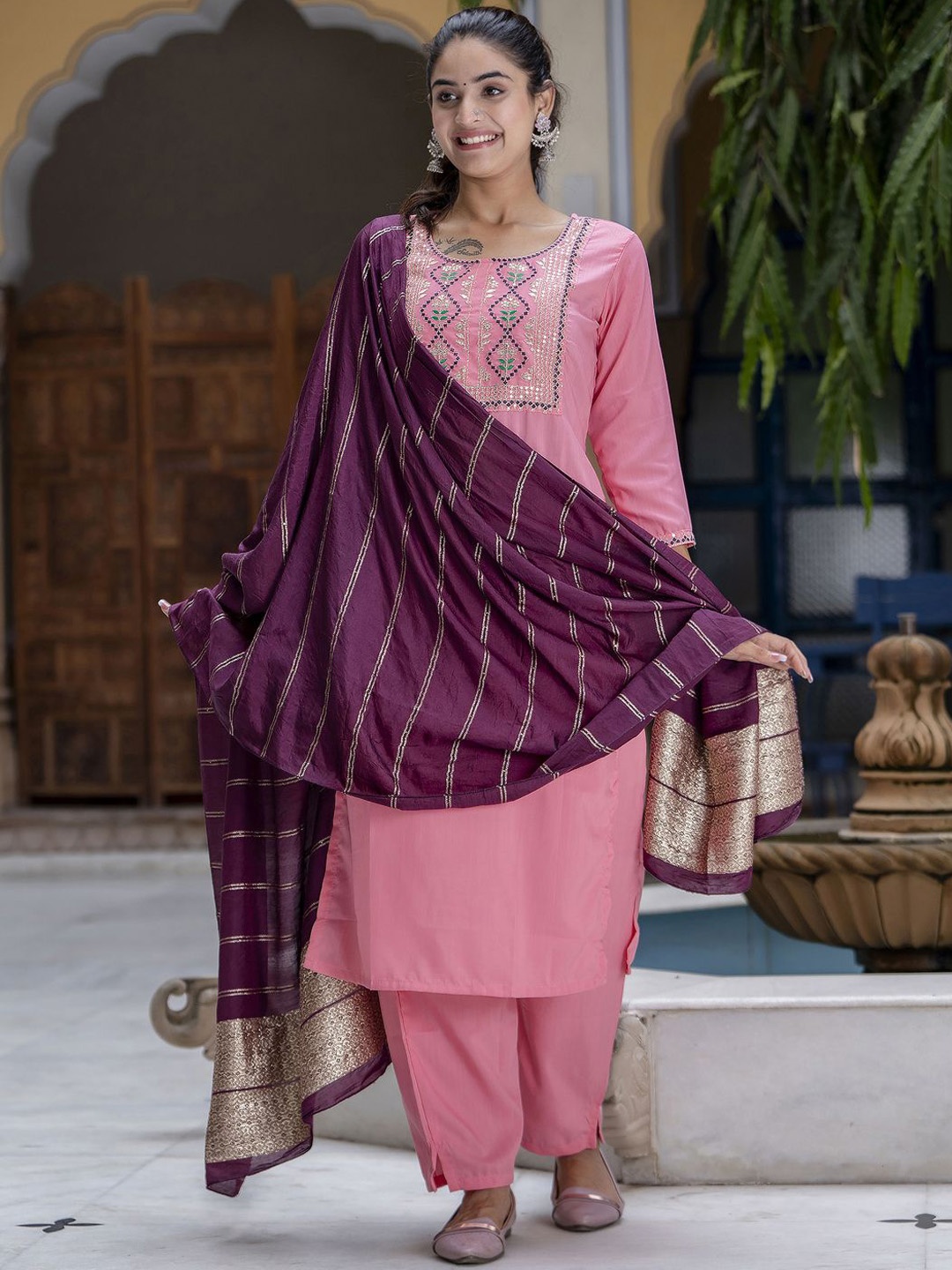 

VredeVogel Floral Embroidered Sequined Yoke Design Straight Kurta With Trousers & Dupatta, Peach