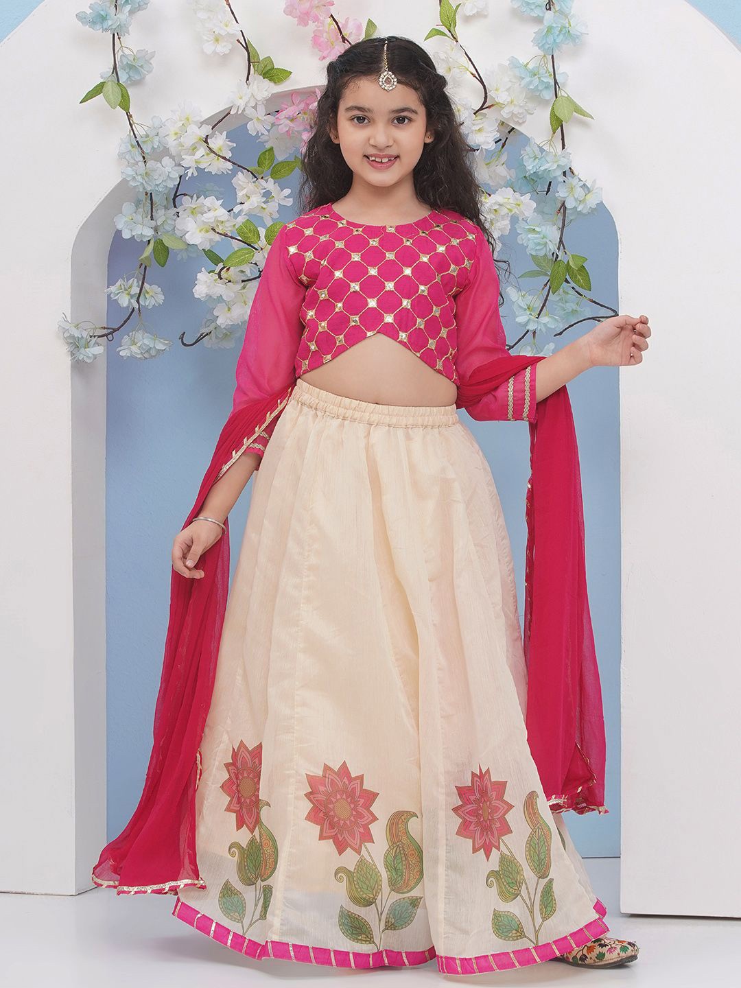 

Bitiya by Bhama Girls Embroidered Mirror Work Ready to Wear Lehenga & Blouse With Dupatta, Pink