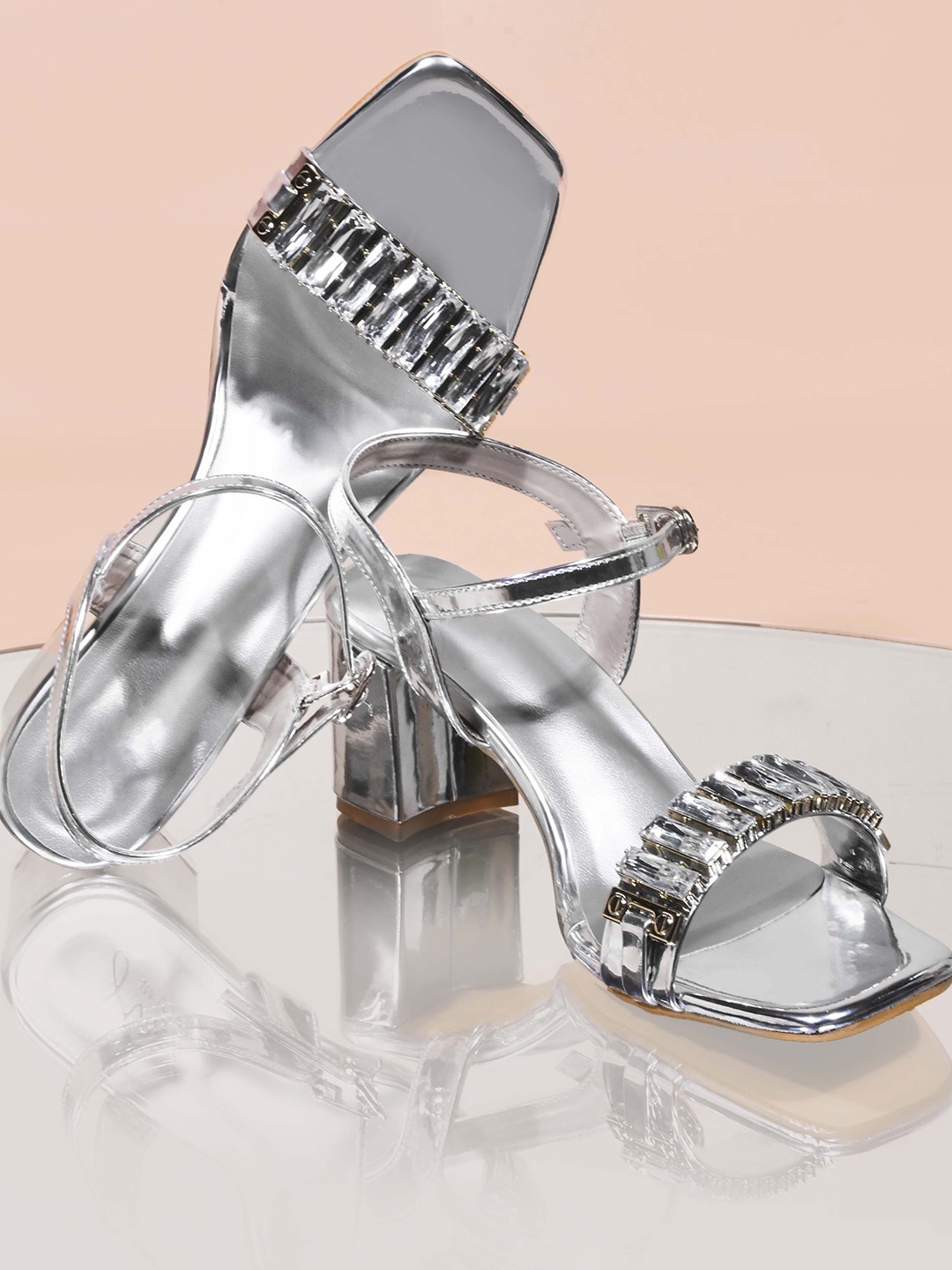 

JM Looks Embellished Block Heel Sandals, Silver