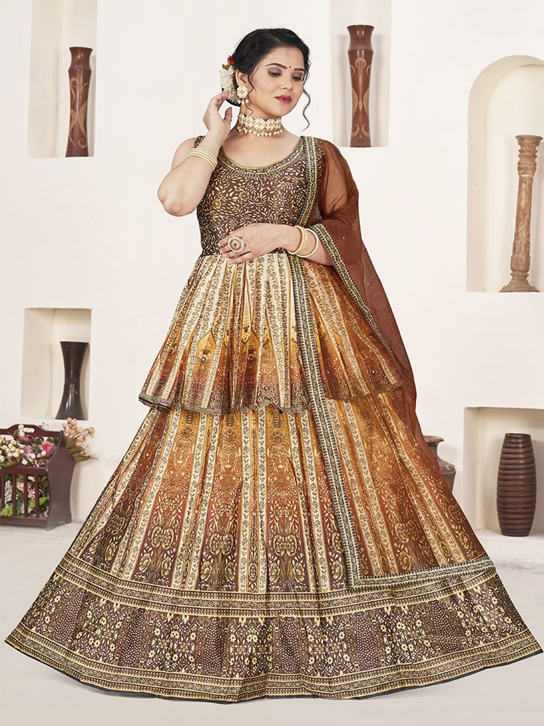 

Krimmple Printed Beads and Stones Silk Ready to Wear Lehenga & Blouse With Dupatta, Brown