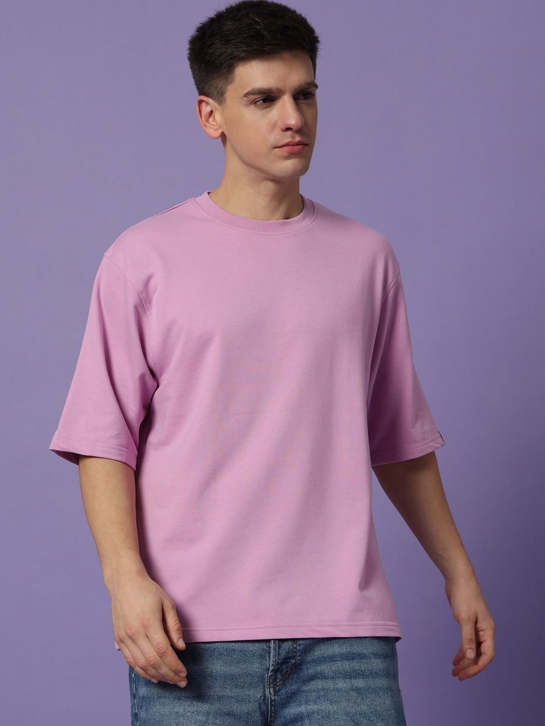 

PockMAN Men Bio Finish Solid Round Neck Pure Cotton Oversized T-shirt, Lavender