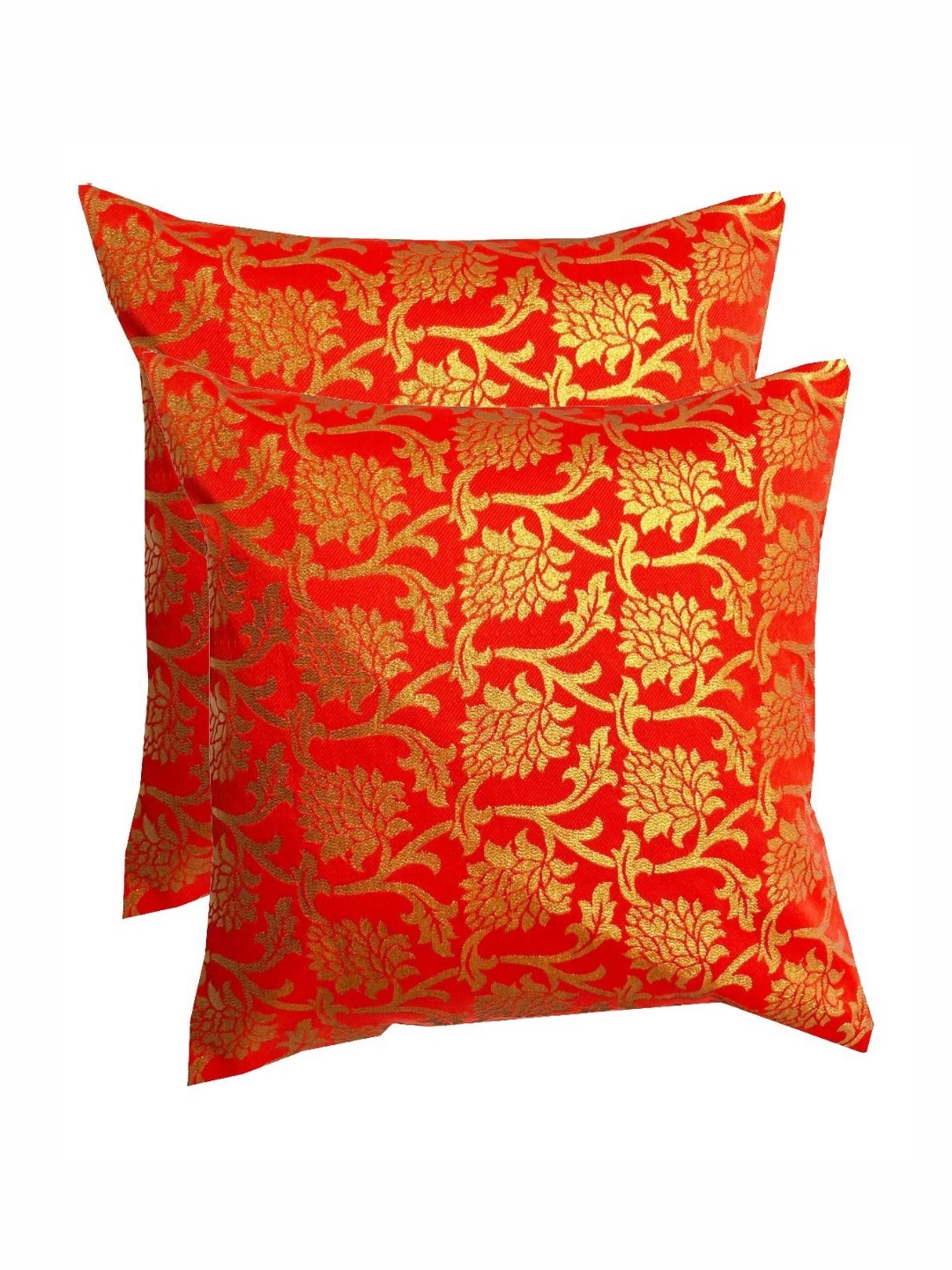 

Pink Parrot Red & Gold Toned 2 Pieces Floral Printed Square Cushion Covers