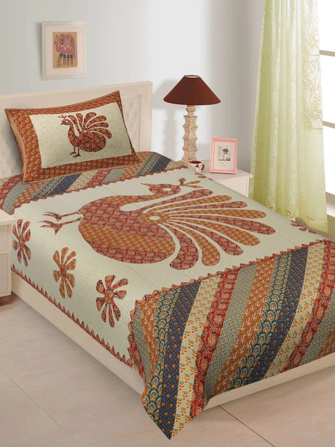 

LIVING ROOTS Yellow & Blue Ethnic Motifs Cotton 144 TC Single Bedsheet with 1 Pillow Cover
