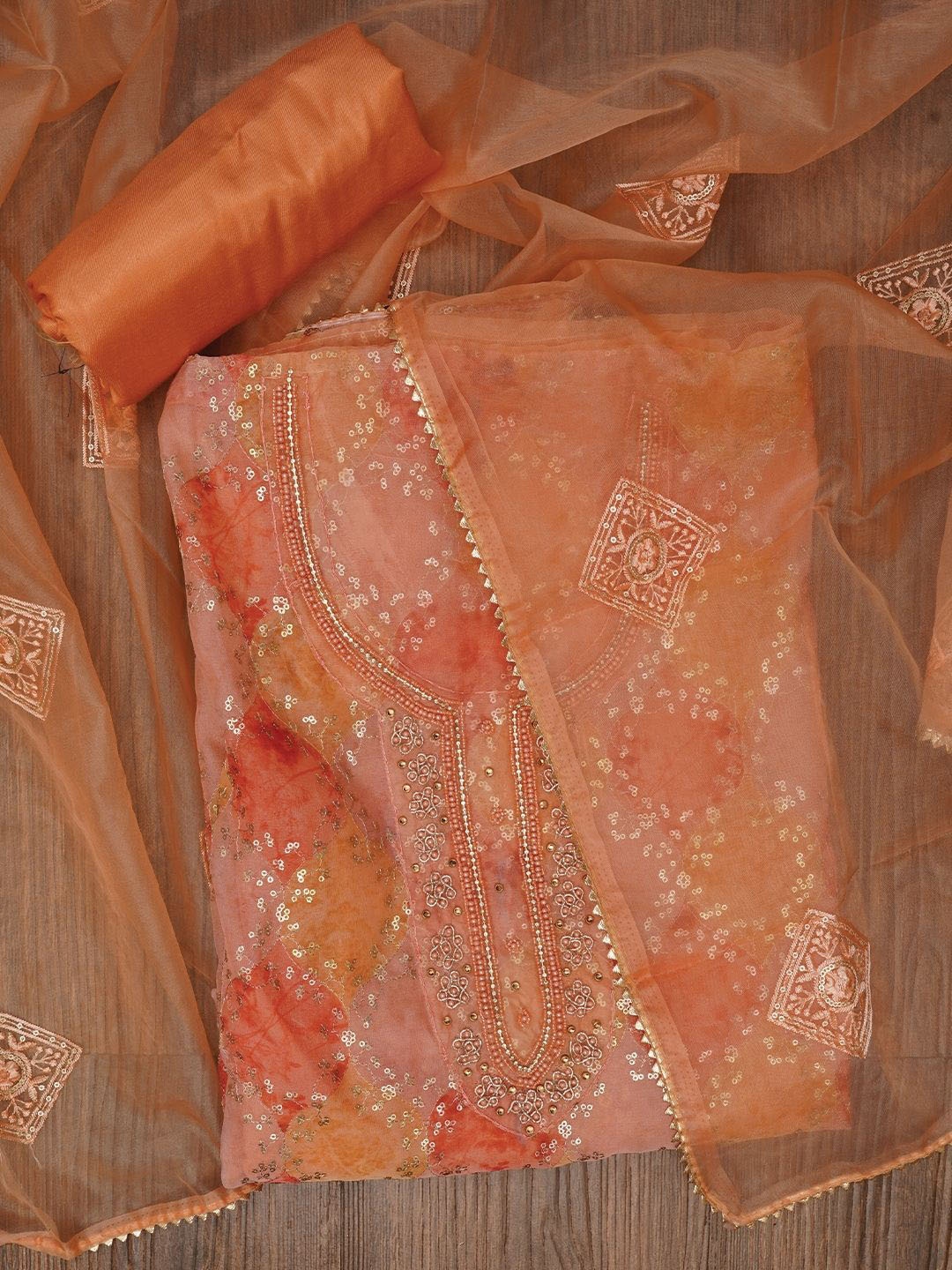 

Jaipur Kurti Sequin Embellished Organza Dress Material with Dupatta, Orange