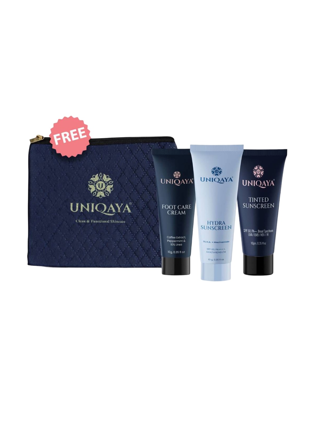 

UNIQAYA Set Of 3 Hydra & Tinted Sunscreen With Foot Care Cream, Blue