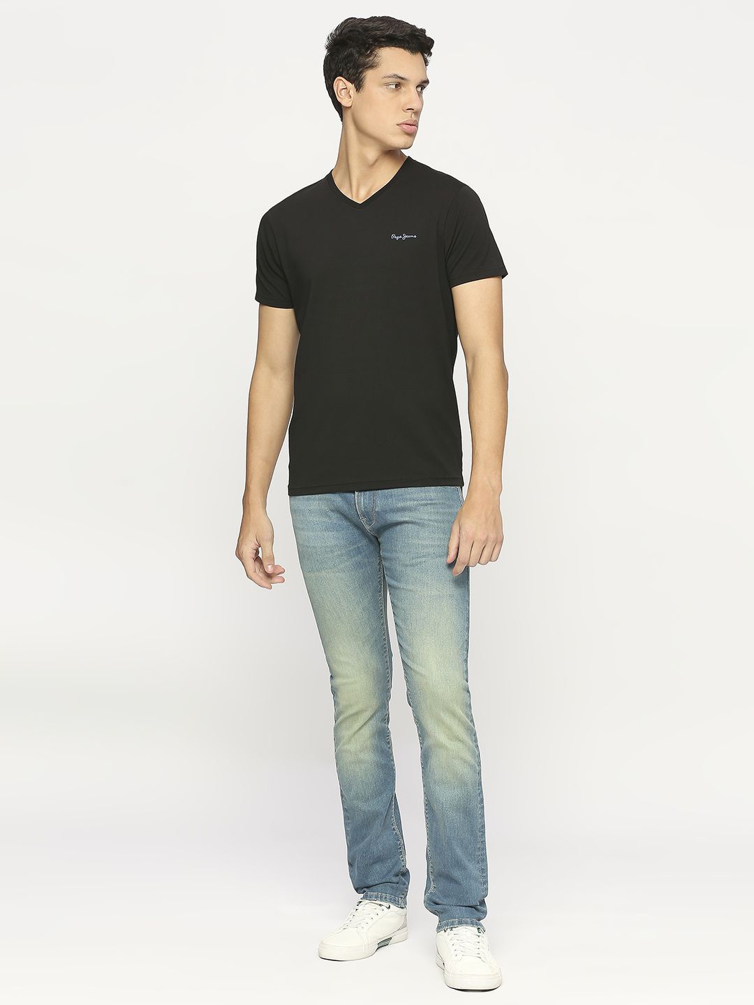 

Pepe Jeans Men Solid V-Neck Cotton Slim Fit T-shirt, Black