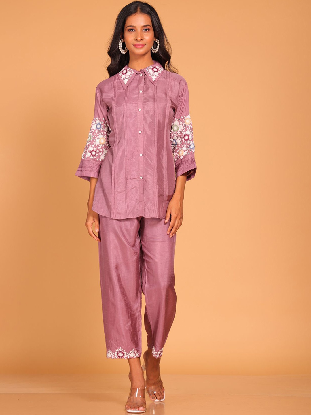 

Morchari Floral Embroidered Pure Silk Tunic with Trousers, Pink