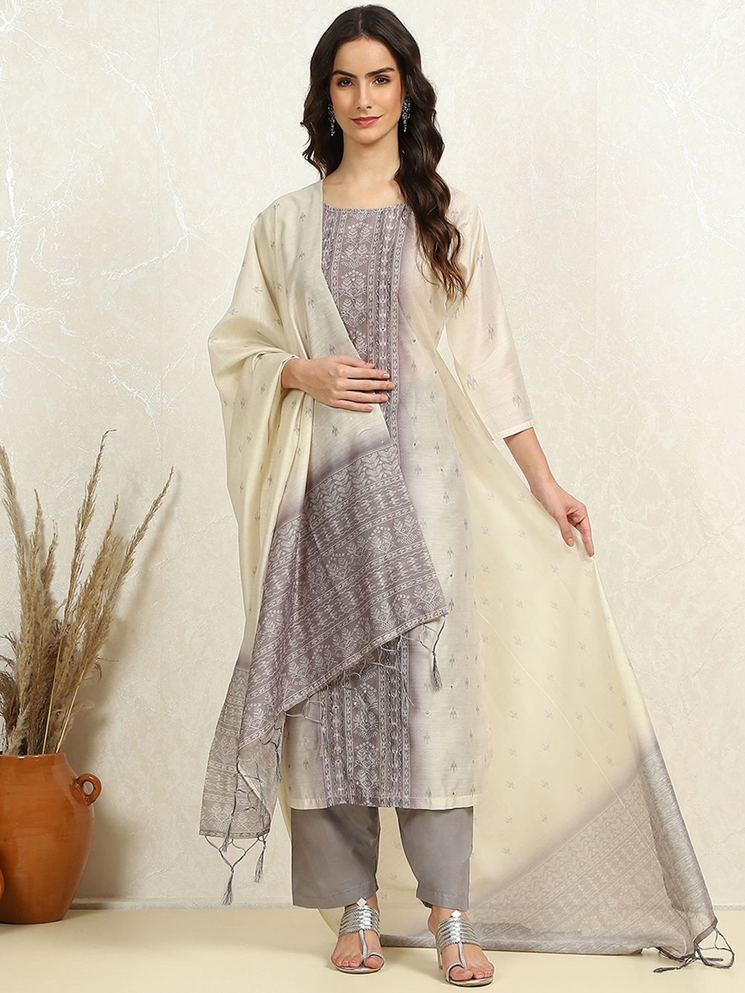 

Biba Floral Woven Design Unstitched Dress Material, Grey