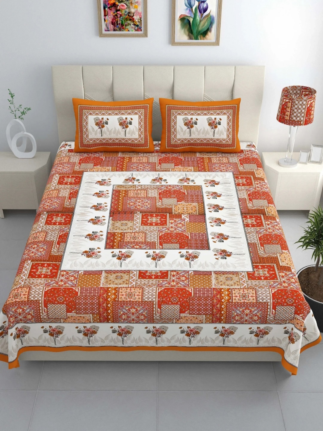 

LIVING ROOTS Orange & White Ethnic Motifs Cotton 210 TC King Bedsheet with 2 Pillow Cover