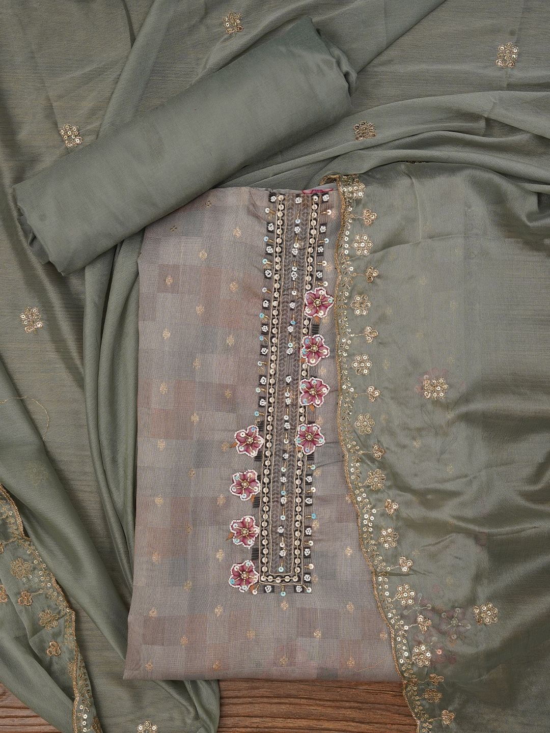 

Jaipur Kurti Floral Printed Embellished Cotton Dress Material with Dupatta, Sea green
