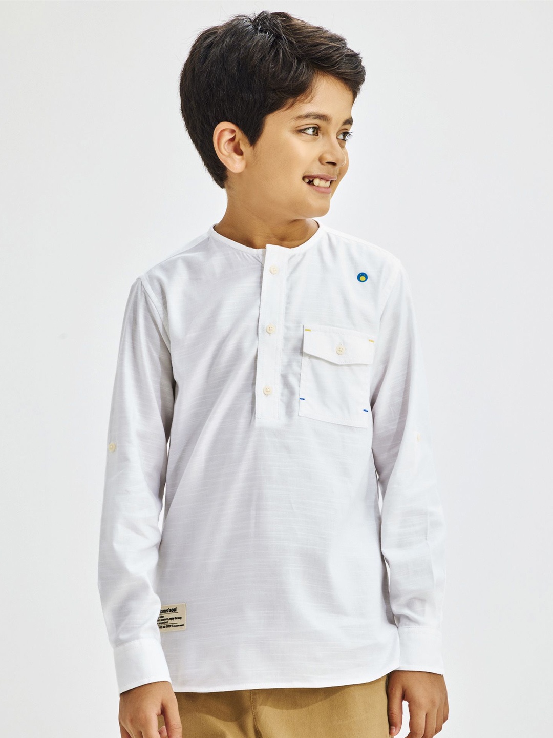 

NO MONDAYS Boys Relaxed Collarless Solid Cotton Casual Shirt, White