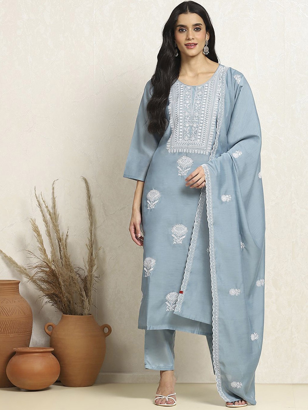 

Biba Sequinned Floral Embroidered Unstitched Dress Material, Blue
