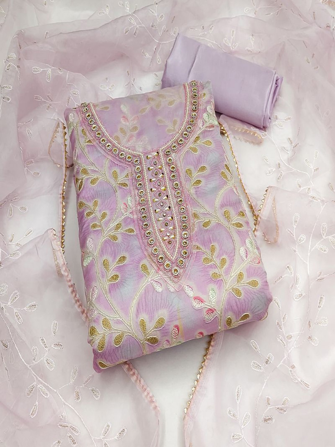 

ASISA Floral Embroidered Beads and Stones Unstitched Dress Material, Lavender
