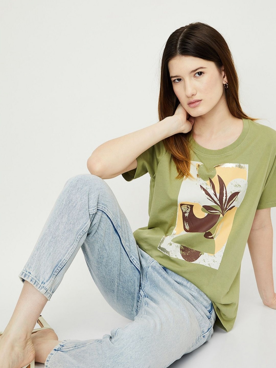 

max Women Graphic Printed Round Neck Cotton T-shirt, Green