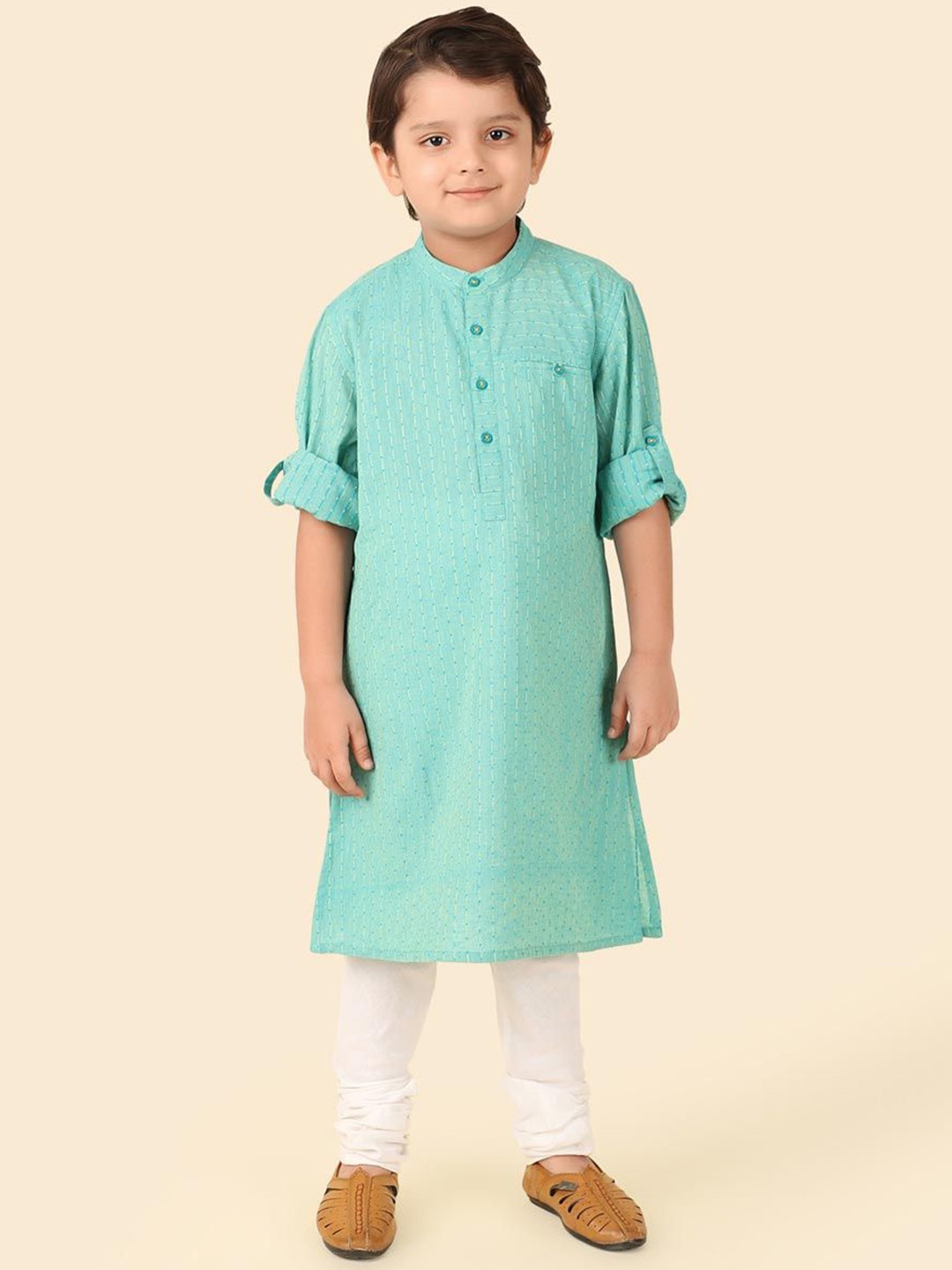 

Fabindia Boys Woven Design Band Collar Cotton Straight Kurta, Teal