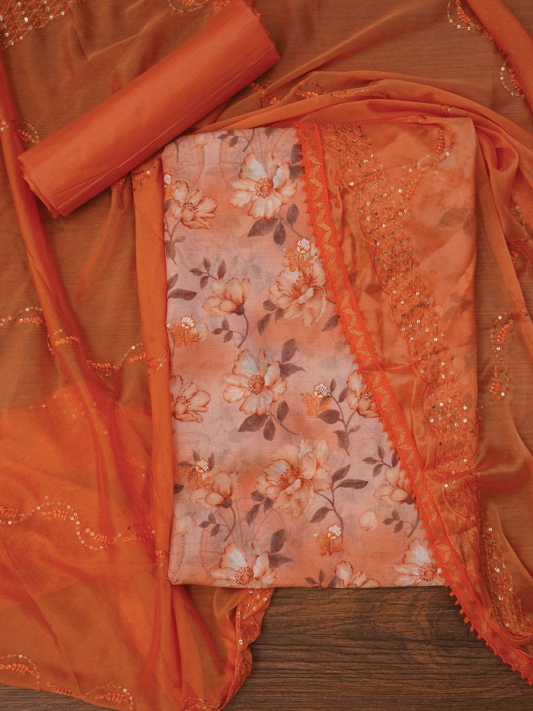 

Jaipur Kurti Floral Printed Embellished Cotton Dress Material with Dupatta, Peach