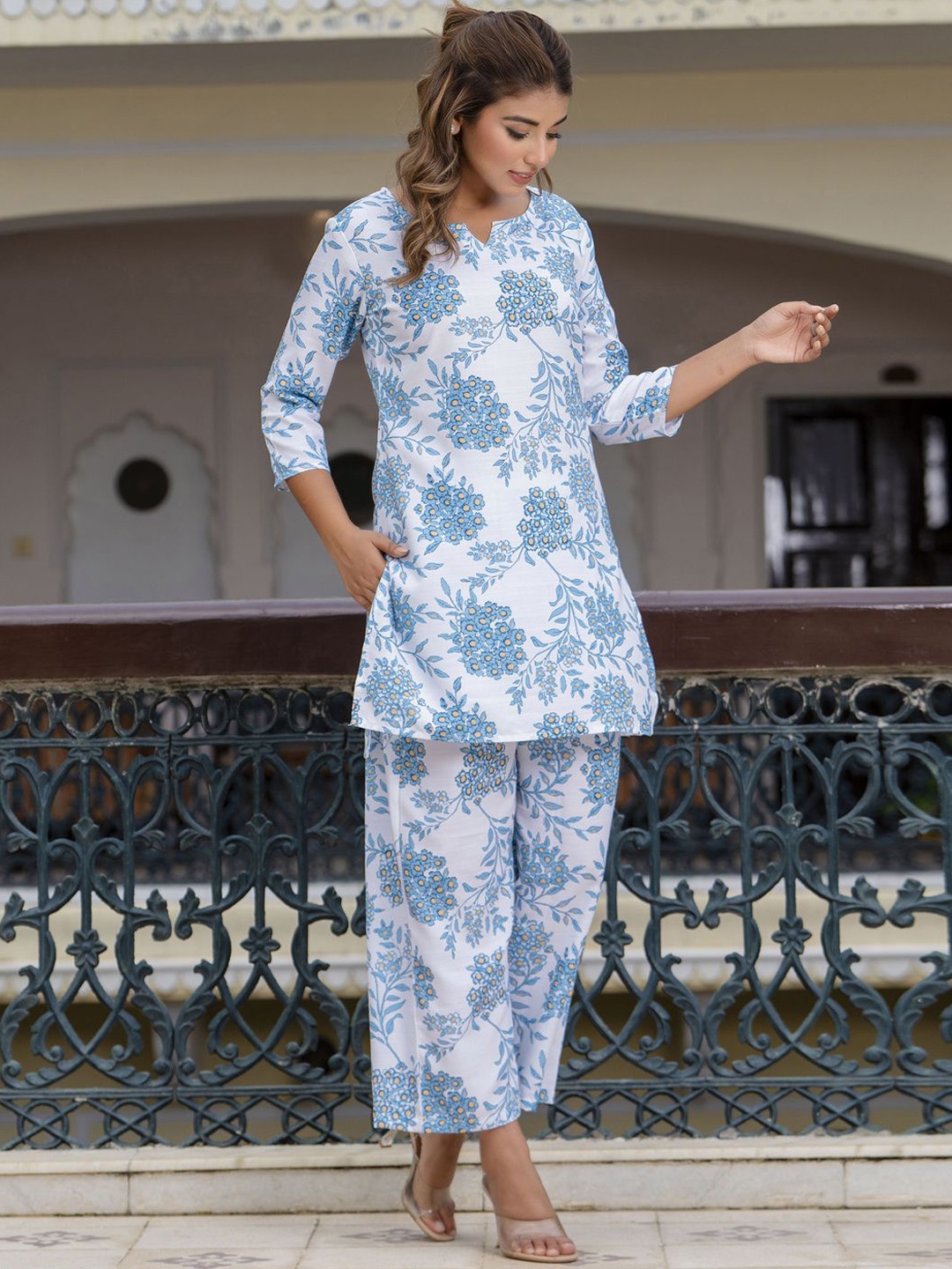 

VredeVogel Floral Printed Notch Neck Tunic with Trousers, Blue