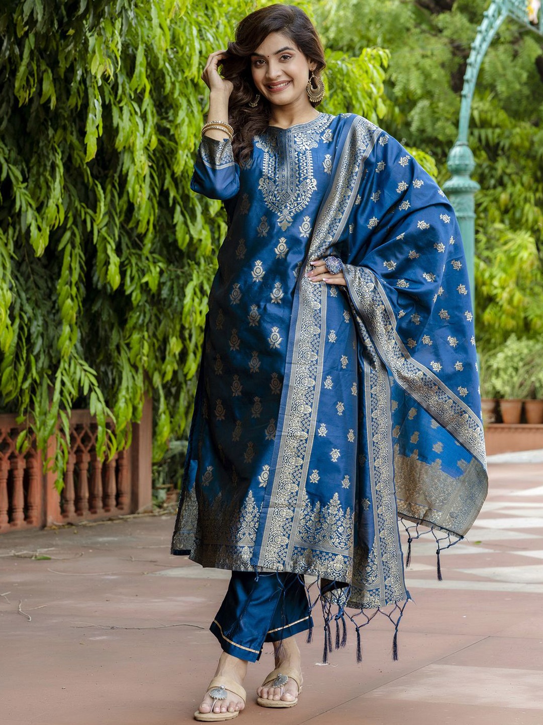 

VredeVogel Floral Straight Kurta with Trousers & With Dupatta, Blue
