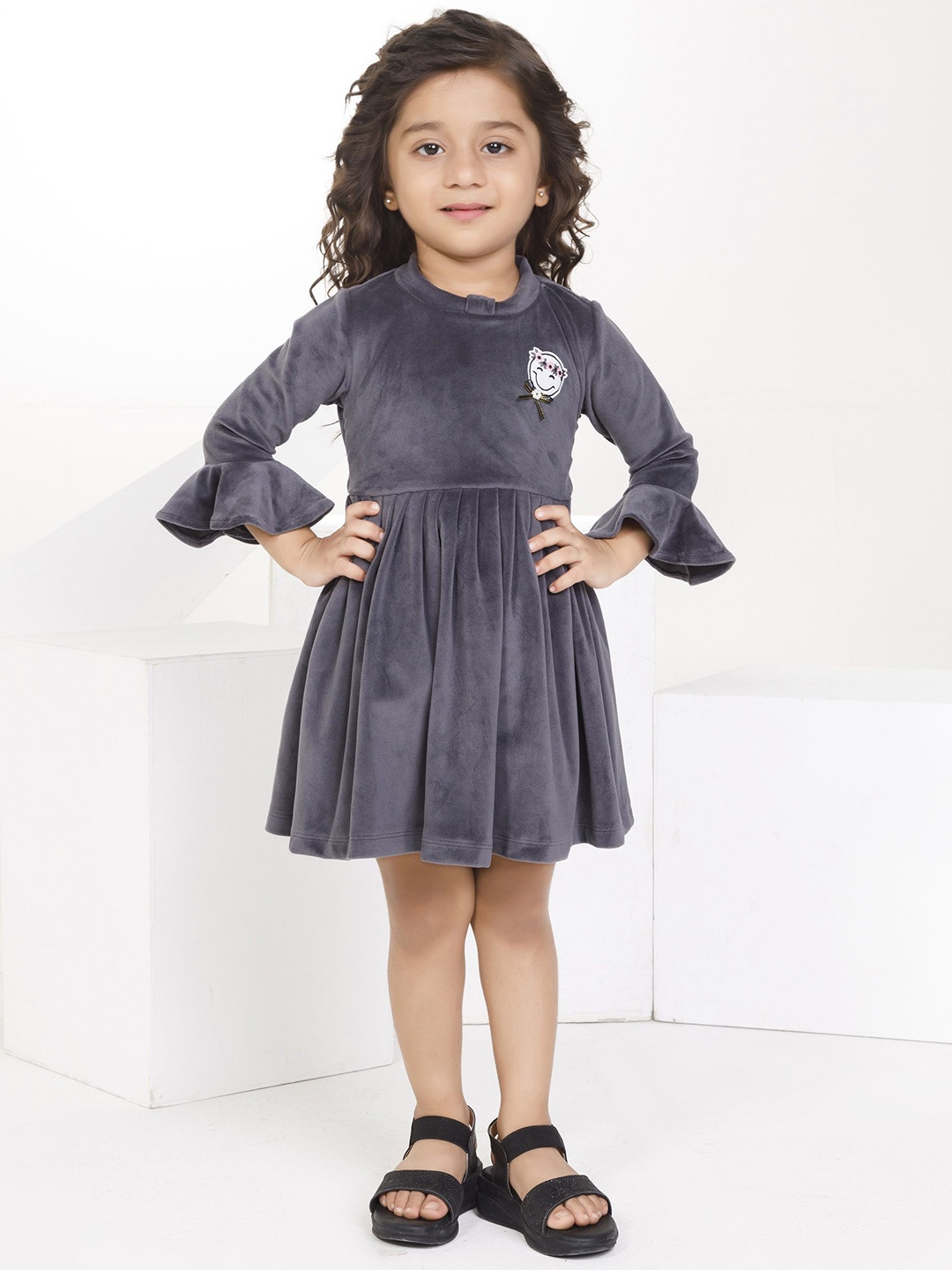 

Peppermint Girls Flared Sleeves Fit and Flare Dress, Grey