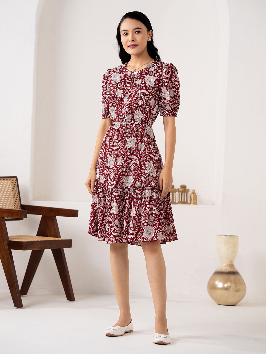 

AASK Floral Printed Tiered Fit & Flare Dress, Maroon