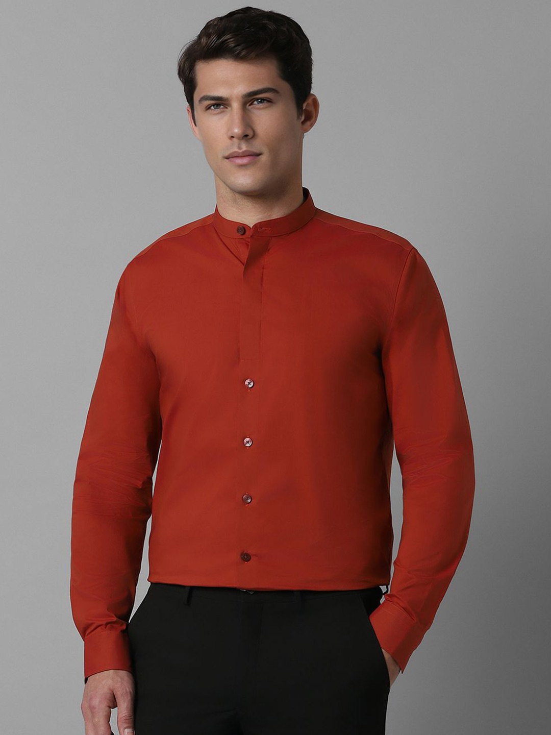 

Louis Philippe Men Band Collar Solid Cotton Slim Fit Formal Shirt, Red