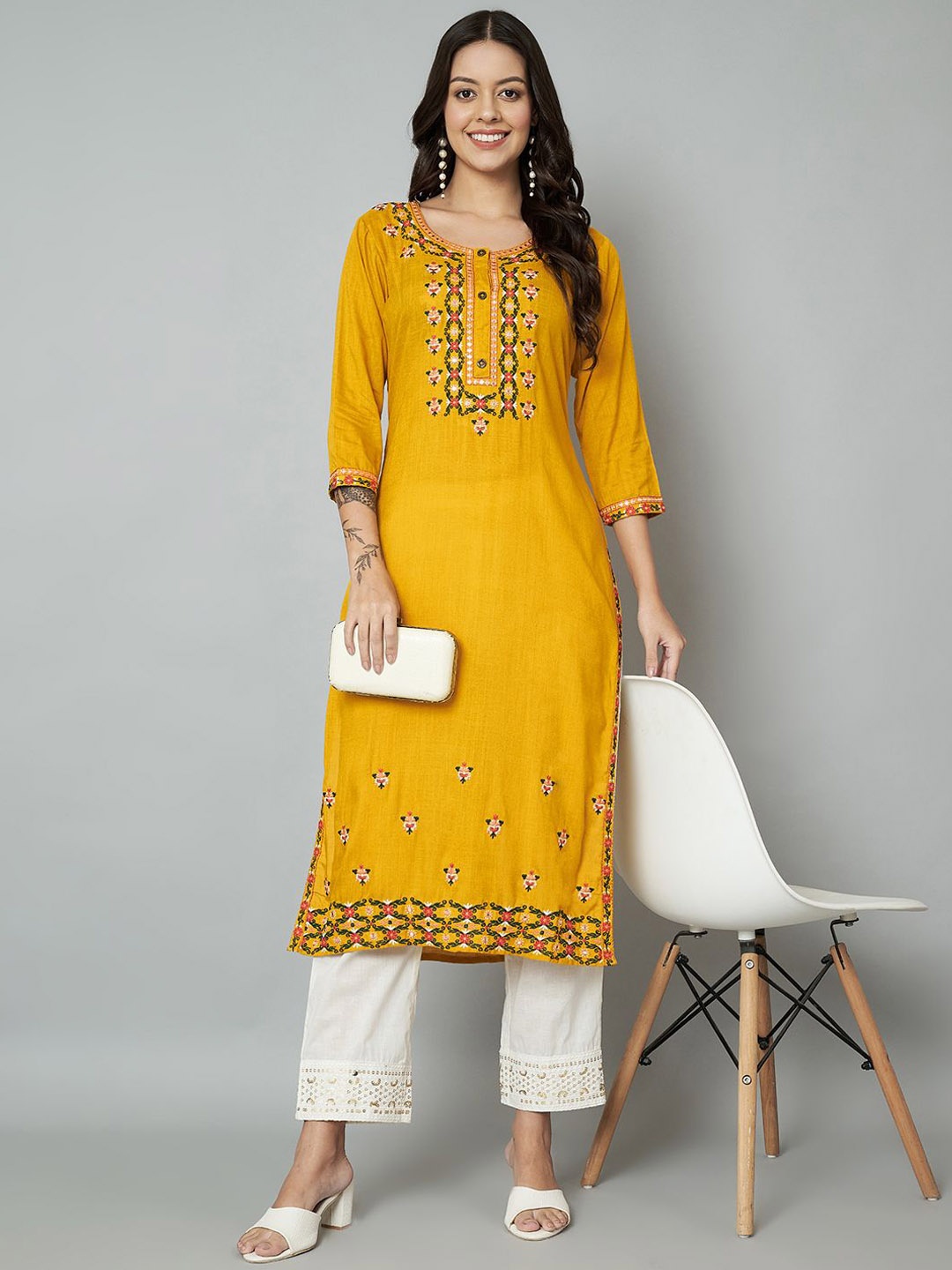 

Anouk Mustard Floral Printed Thread Work Straight Kurta With Trouser