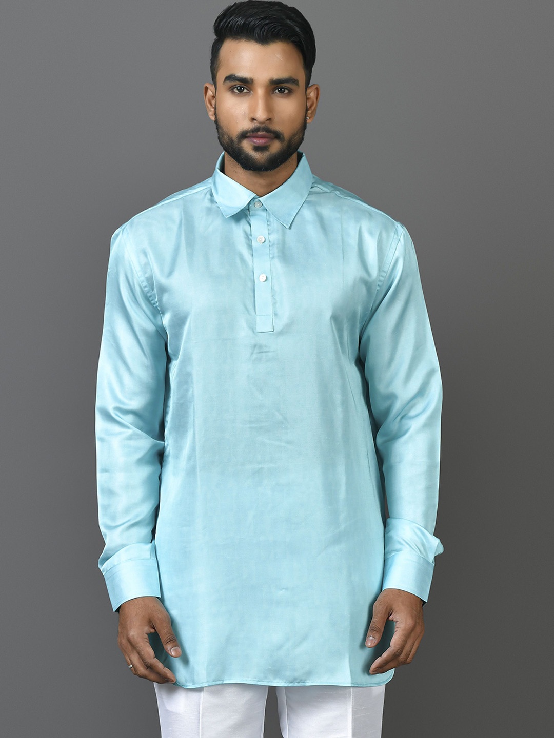 

Sayisha Shirt Collar Silk Short Straight Kurta, Blue