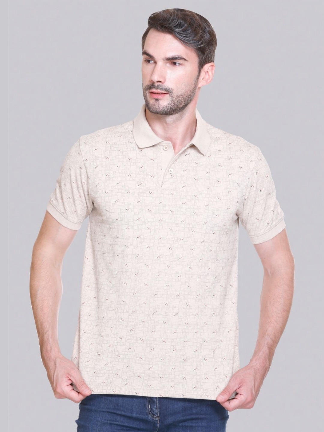 

ELPIDA Men Conversational Printed Polo Collar Cotton T-shirt, Beige