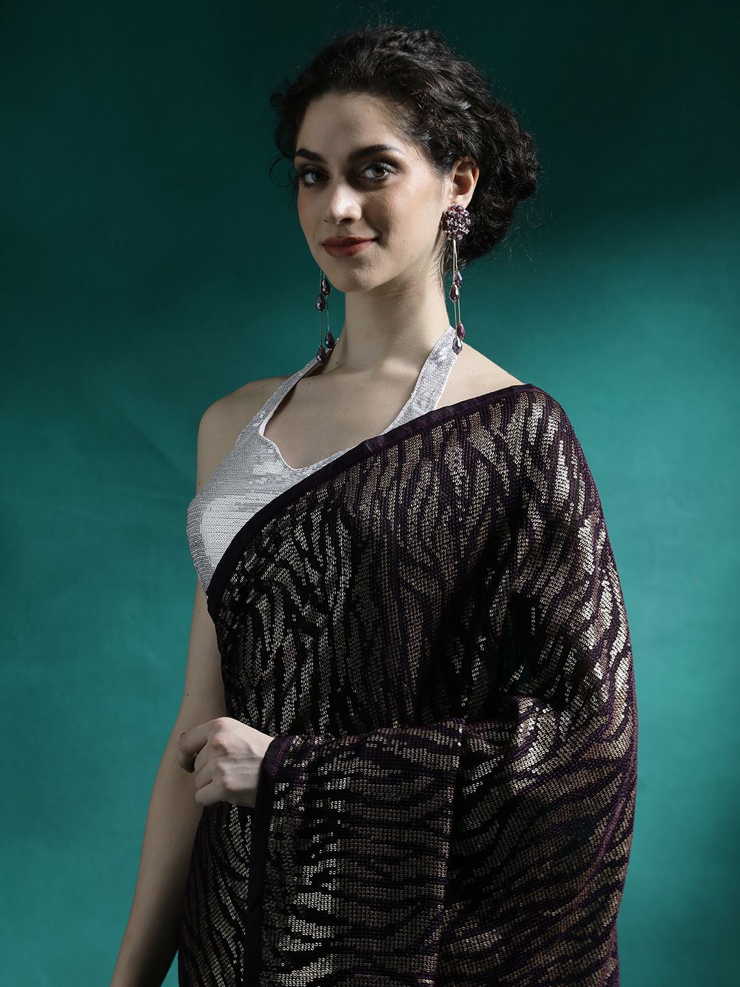 

Sangria Embellished Saree With Unstitched Blouse Piece, Brown